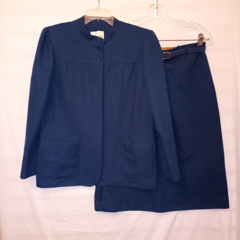 Devon Size 14 Skirt Suit Blue‎ Belted Stretch Vintage F2